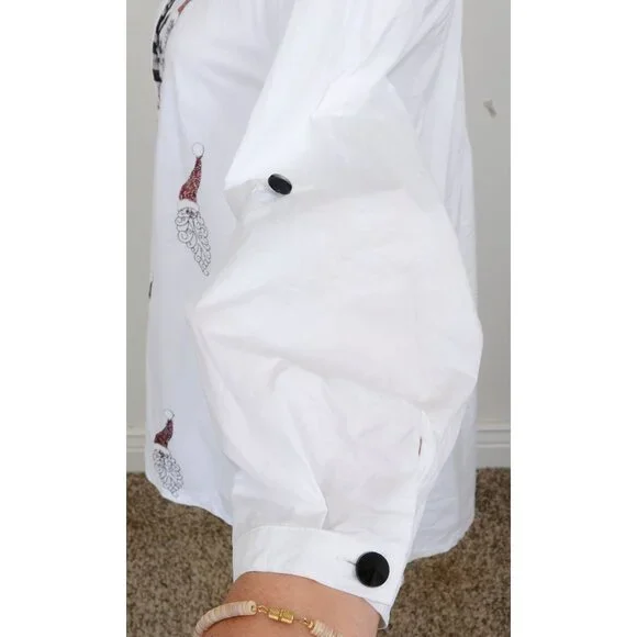 Jack B Quick Button-Down Shirt Red Sequin Santa Striped Collar Accent Women SM - Picture 9 of 14